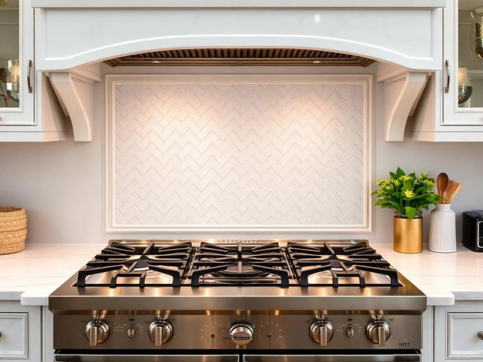 Herringbone marble tile backsplash