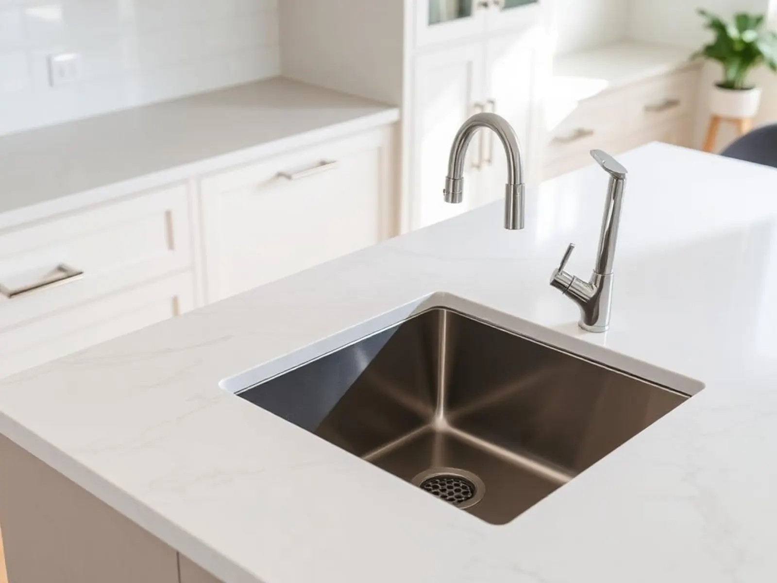White quartz countertop with undermount sink