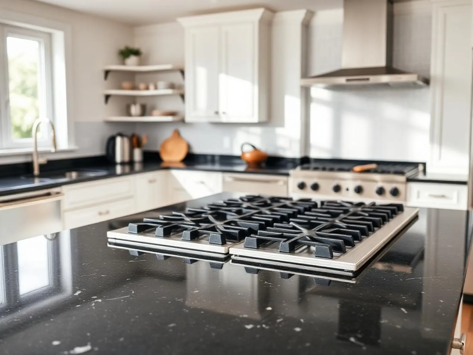 Black granite countertop with gas range