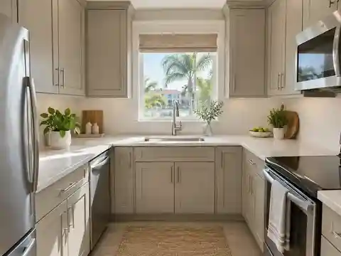 Illustrative same-layout small kitchen with greige cabinets