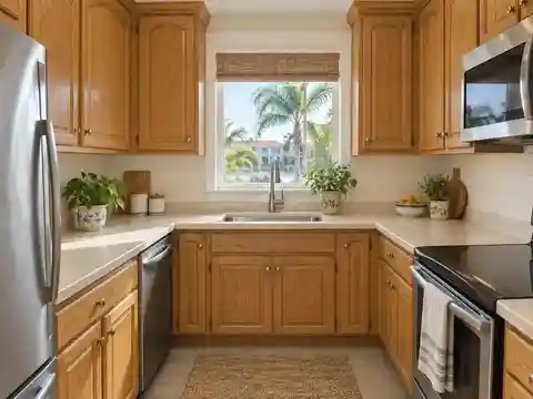 Illustrative small kitchen before greige cabinet refacing